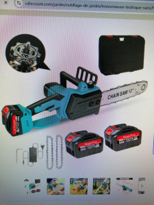 Photo de galerie - Je propose ma tronçonneuse coupe 30 cms. Auto lubrification avec deux batteries 6.0Ah
Autonomie environ 30 à 45 minutes.
2 chaînes 30 cms.

20 euros la journée.
Fournir photocopie pièce d'identité et caution du prix de la machine 99 euros. 
