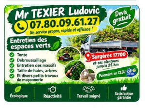 Photo de galerie - Présentation de mes services d'entretiens des espaces verts : Débroussaillage, tonte ,taille de haies, entretien de terrains. Devis gratuit intervention aux alentours de surgères Paiement en CESU accepté .