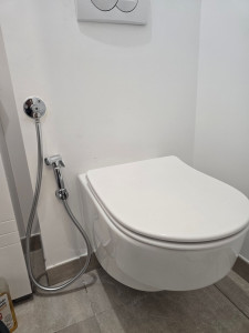 Photo de galerie - Robinet et la douchette sur un wc suspendu 