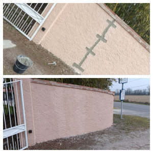 Photo de galerie - Traitement par injection fibré avec pose d'agrafes + enduit de façade en finition projeté.