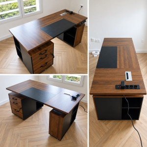 Photo de galerie - Montage d’un bureau électrique réglable en hauteur, pour travailler, assis ou debout grâce aux boutons de commande intégrés. Un ensemble pratique avec rangement et prises intégrées, monté avec soin par AMB Services.
