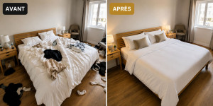 Photo de galerie - Avant / Après – Remise en état complète d’une chambre après le départ des voyageurs : nettoyage, rangement, changement du linge et préparation soignée pour les prochains arrivants.