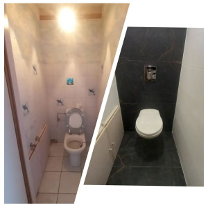 Photo de galerie - Rénovation d'un toilette avec pose d'un WC suspendu et carrelage 