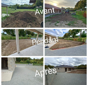 Photo de galerie - Aménagement complet des extérieurs : terrassement et préparation du terrain, nivellement puis réalisation d’une cour en gravier. Chantier réalisé de A à Z avec un résultat propre et soigné. Avant / pendant / après.