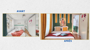 Photo de galerie - Création d'une ambiance afro chic pour un appartement mis à la location - prestation clé en main - proposition d'une ambiance afro différenciante - gestion des achats - création du mur d'accent - accessoirisation - scénographie 