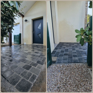 Photo de galerie - Réalisation d'une entrée en pavé avec joint polymère.