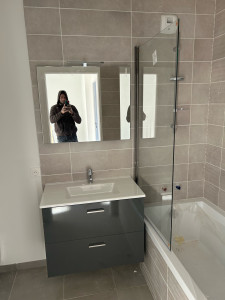 Photo de galerie - Installation du lavabo, parois de douche, colonne de douche, mitigeur 