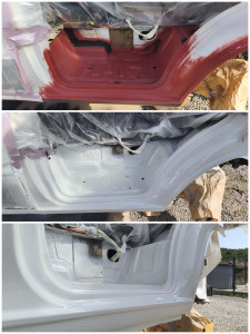 Photo de galerie - Intervention sur châssis avec corrosion perforante. Remplacement des zones perforées par des pièces formées et soudées en point de chaînette. Traitement du châssis et peinture.