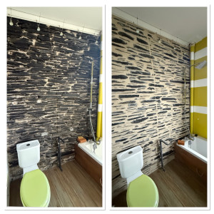 Photo de galerie - Avant / Après : redonner charme et authenticité à un mur en ardoise lors de la rénovation d’une salle de bain. 