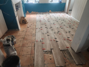 Photo de galerie - Pose carrelage effet parquet + ouverture du mur creation arcade