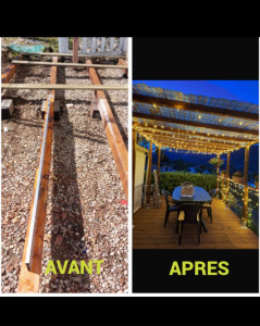 Photo de galerie - Du chantier à la finition! Voici le résultat après la pose complète d'une terrasse en lames de bois et d'une pergola assortie. Travail soigné, solide et durable - je réalise vos aménagements extérieurs sur mesure.
