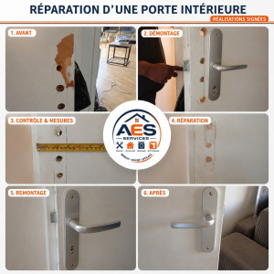 Photo de galerie - Réparation d’une porte intérieure endommagée au niveau de la serrure et de la poignée : démontage, reprise des perçages et du support, ajustement des fixations, remontage de la poignée et contrôle du bon fonctionnement.