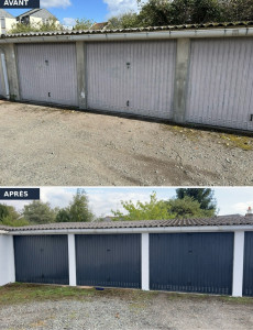 Photo de galerie - Avant / Après – Rénovation de garages  Remise en peinture des portes en gris anthracite et des poteaux en blanc pour un rendu propre, moderne et soigné. 