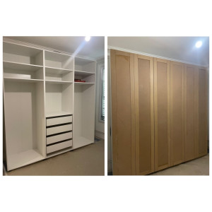 Photo de galerie - Caissons Brico Dépôt recoupés (rétrécis) avec les tiroirs + une surélévation, façades sur mesure