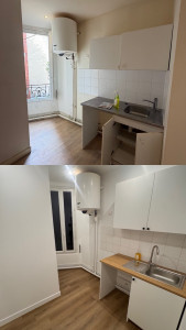 Photo de galerie - Rénovation d'une cuisine/salon, pose de sol pvc, chauffage, plinthes, toile de verre, peinture, cuisine et robinetterie (traitement humidité anti salpêtre en amont)