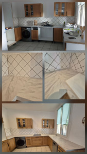 Photo de galerie - Reprise sur une cuisine de l’aplomb et du niveau, coupe des plans de travail au millimètre, instalation et branchement de la plaque de cuisson, silicone de finition. 