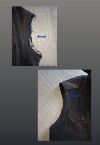 Photo de galerie - Veste huilée dont les manches sont enlevées. 
Ourlet finition main ✋️ ?✂️