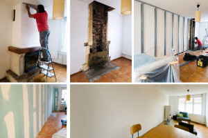 Photo de galerie - Dépose d'une cheminée avec création d'une contre cloison: isolation, enduit, ponçage, peinture.