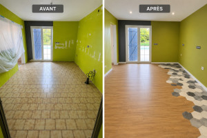 Photo de galerie - Pose de carrelage imitation parquet dans une cuisine