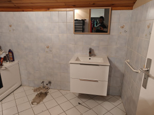 Photo de galerie - Assemblage et fixation meuble salle de bain et miroir 