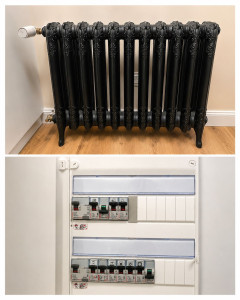 Photo de galerie - Rénovation d’un radiateur ancien en fonte fleurie avec mise en peinture, ainsi que création ou reprise d’un tableau électrique propre et organisé.