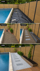 Photo de galerie - Créations d un espace avec conseil et plantation de végétaux pose de geotextile puis lit de sable pour assoir les pas japonais et finition avec mélange de gravillons cendre et blanc calcaire.
