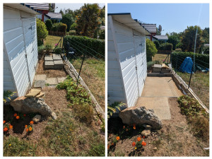 Photo de galerie - Mise à niveau du sol 
Pose d'un géotextile 
Application du sable 
Pose des bordures et des dalles béton