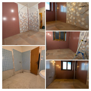 Photo de galerie - Rénovation complète d'une salle de bain, réalisation carrelage , pose de bac a carreler , panneaux muraux kinewall