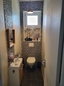 Photo de galerie - Réfection total de toilette: enduisage des mur, pose de mosaique et carrelage sol, modification plomberie pour pose de bâti,création de ligne plomberie pour pose d un lave main, placo avec création de niche, peinture plafond.