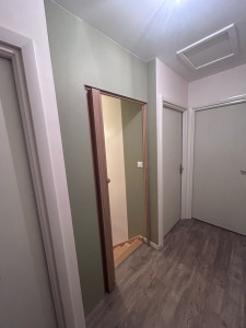 Photo de galerie - Rafraîchissant d’un hall d’escalier sur deux couleur, un bloc basic suivis d’un vert olive + reprise du plafond avec un blanc mate. 