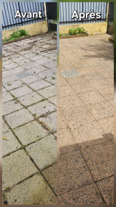 Photo de galerie - Nettoyage pro terrasses & extérieurs ! À gauche : dalles ternes, mousse et mauvaises herbes incrustées. À droite : après mon passage, sol désincrusté qui retrouve sa couleur d'origine et joints propres. Travail soigné et rapide. Demandez votre Devis!
