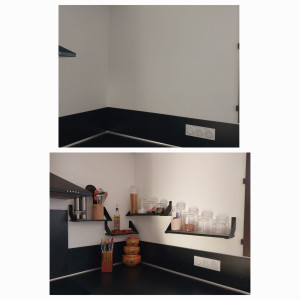 Photo de galerie - Pose d'étagères dans une cuisine (mur en briques creuse)