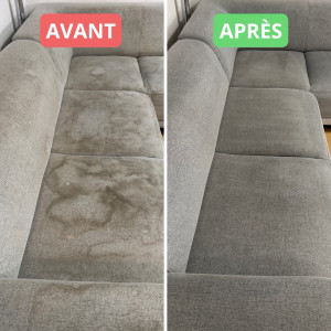 Photo de galerie - Avant / Après nettoyage canapé : détachage en profondeur, désinfection et élimination des odeurs pour un rendu propre et sain.