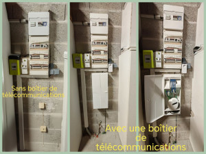 Photo de galerie - Installation d'un coffret de communication dans le garage avec emplacement box et déploiement de 5 lignes/câbles internet dans les chambres, salon et bureau pour desservir la maison