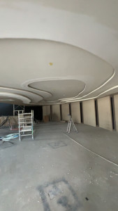 Photo de galerie - Réalisation d’un plafond en plaques de plâtre avec design sur mesure. Création de formes courbes, intégration des gorges lumineuses pour éclairage LED et finition de haute précision.