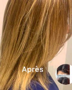 Photo de galerie - Rattrapage racine couleur et mèches , utilisation produits professionnels doux et enrichie en soin : les cheveux sont doux et brillants . 