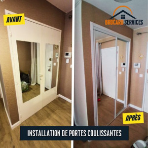 Photo de galerie - J'ai changé les portes de placard pour des portes coulissantes : désinstallation des anciennes portes, puis installation du cadre, des rails puis des portes.