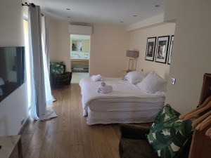 Photo de galerie - Ratissage mûrs et plafond, ponçage avec la girafe, impression et peinture . (finition A).
