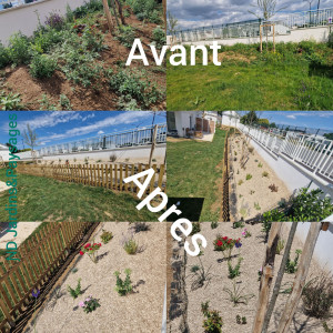 Photo de galerie - Désherbage, pose de clôture en bois, installation de géotextile, plantation de végétaux, pose de paillage et délimitation de passage pour un jardin propre et harmonieux.