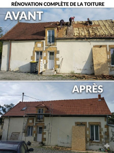 Photo de galerie - Rénovation complète de toiture : Dépose de l'ancienne couverture, vérification de la charpente et pose de tuiles neuves. Un chantier réalisé dans les règles de l'art pour garantir l'étanchéité et l'esthétique de cette maison traditionnelle.