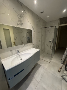 Photo de galerie - Installation d’un meuble vasque, miroir, paroi corps, encastré, robinetterie