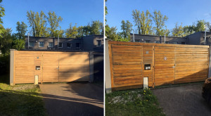 Photo de galerie - Décapage complet de la lasure existante sur portail bois. Suppression de l’ancienne finition ternie et encrassée afin de retrouver la teinte naturelle du bois. Mise à nu du support avec un rendu homogène, plus clair et propre