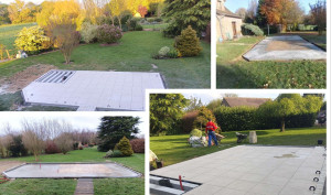 Photo de galerie - Realisation d’une terrasse. agrandissement de la dalle existante, realisation de longrinnes pour pose d’un spa, pose de carrelage sur plots