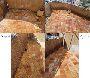 Photo de galerie - Remise en état de terrasse : application d'un traitement curatif anti-mousse suivie d'un nettoyage profond pour un résultat éclatant et durable.