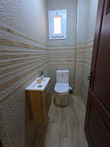 Photo de galerie - Installation d'un WC, d'un lave-mains avec meuble suspendu et réalisation des raccordements dans un espace sanitaire entièrement rénové.