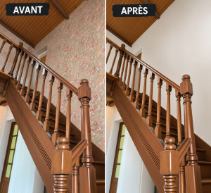 Photo de galerie - Rénovation d'une cage d'escalier.
- Dépose du papier peint.
- Préparation des murs.
- Pose d'une toile de rénovation.
- Application de 2 couches de peinture blanc mat acrylique.