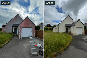 Photo de galerie - Résultat d’une intervention de nettoyage sur façade. 
• Élimination des traces rouges dû aux algues et salissures. 
• Façade visible plus propre et plus lumineuse.
• Intervention réalisée avec soin pour préserver le support. 
Le rendu parle de lui-même. 