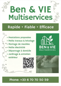 Photo de galerie - Bonjour 
Chez Ben&Vie Multiservices, nous sommes rigoureux, sérieux   pour vos projets.

Nous pouvons vous fournir un devis clair et personnalisé.

Votre satisfaction est notre priorité. 

Ben&Vie Multiservices