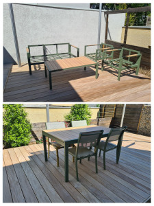 Photo de galerie - Montage d'un salon de jardin + Lasure (2 couches) sur clôture bois extérieur. 