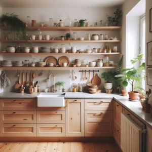 Photo de galerie - Cuisine scandinave au ton clair et bois naturel avec de longues tablettes murale pour offrir un maximum de rangements.